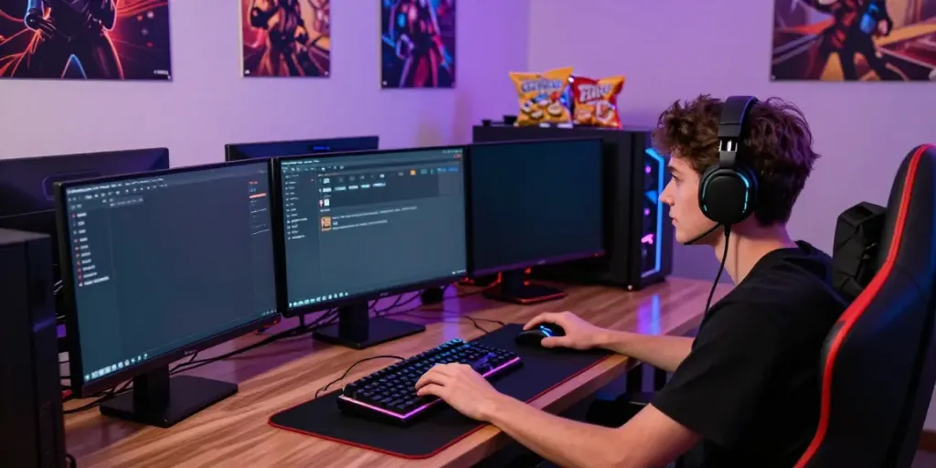 Engaging gaming scene with player experiencing rokok88 rtp interface amid vibrant RGB lighting.