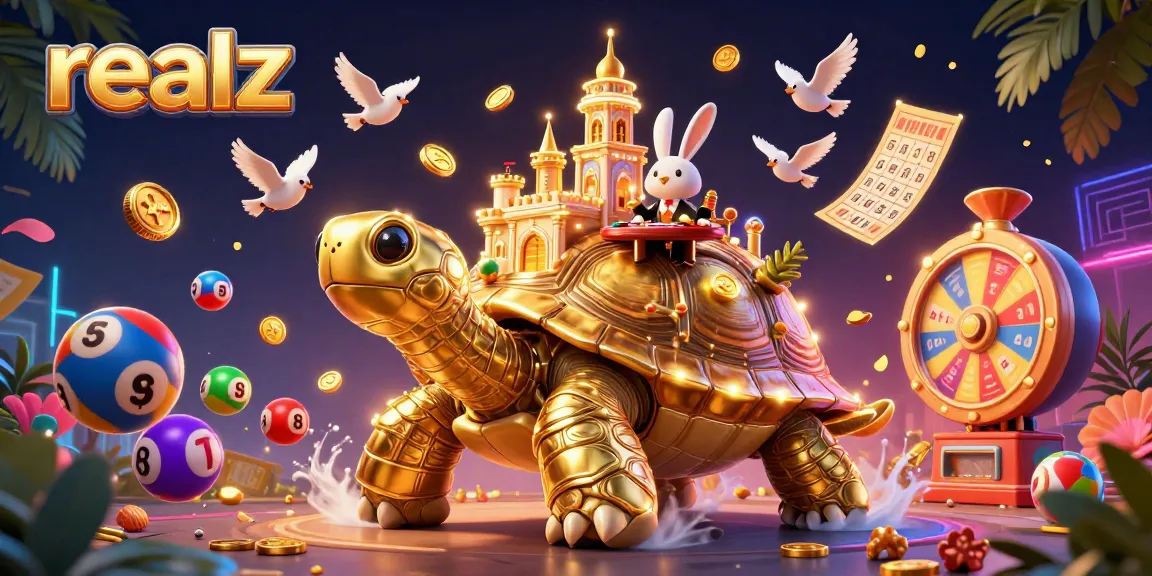 Engage in thrilling casino action at realz with a colorful 3D illustration of games and golden tokens.