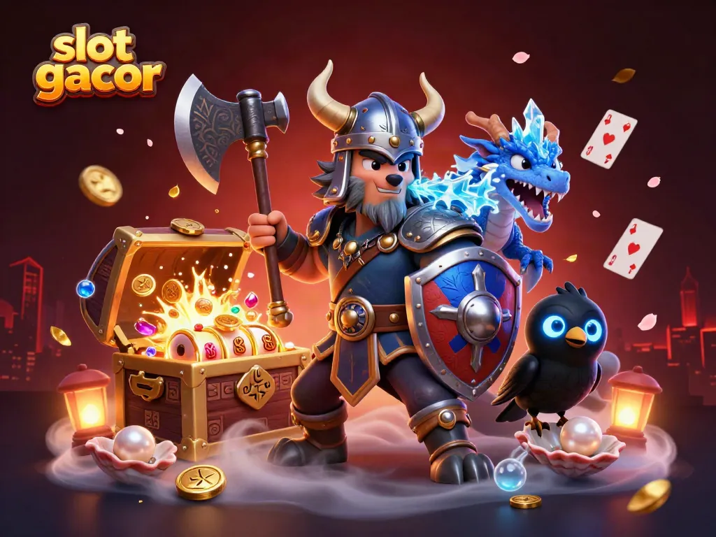 Engage with slot gacor through a vibrant 3D scene featuring a heroic Viking wolf and magical elements.