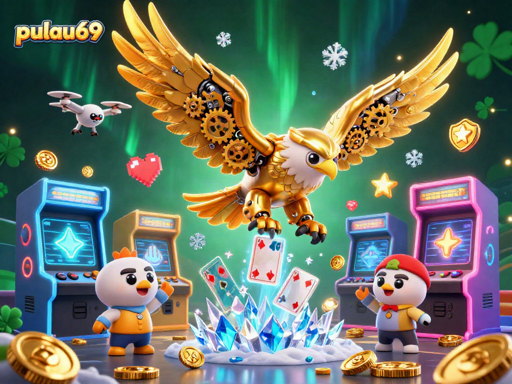 Experience pulau69 with vibrant 3D casino elements and a dynamic golden eagle illustration.