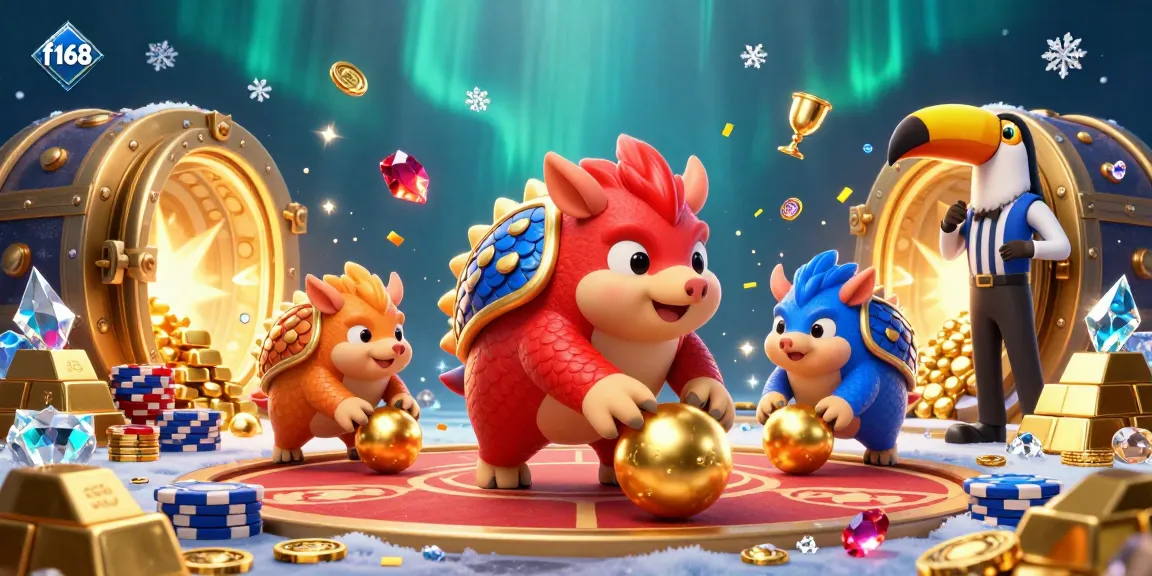 Engage with f168's vibrant casino atmosphere featuring rival pangolins amidst poker chips and treasure.