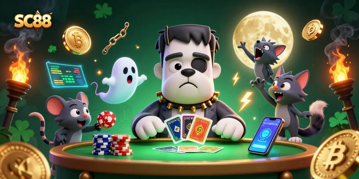 Engaging SC88 gaming scene with a cartoon bulldog and kitten at the card table.