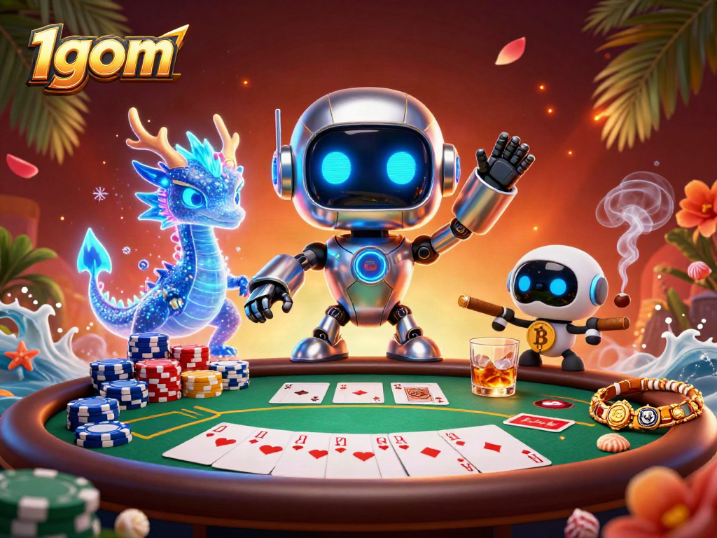 Engage with 1gom in a vibrant poker scene featuring cyberpunk characters and dynamic game elements.