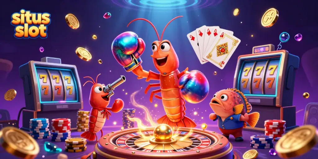 Engage in situs slot action with vibrant characters celebrating wins amidst a flurry of golden coins and gems.