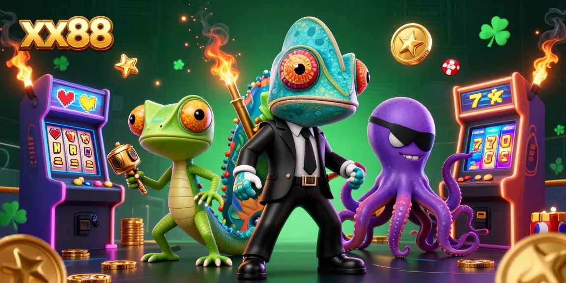 Engage with thrilling casino action at xx88 featuring a secret agent chameleon and vibrant game elements.
