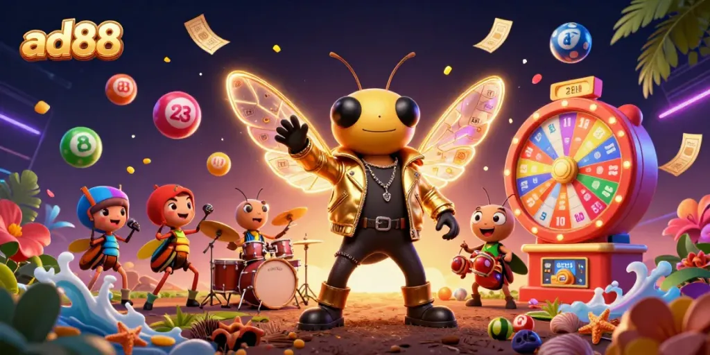Experience vibrant gameplay at ad88 with a lively casino scene rich in animated characters and lottery elements.