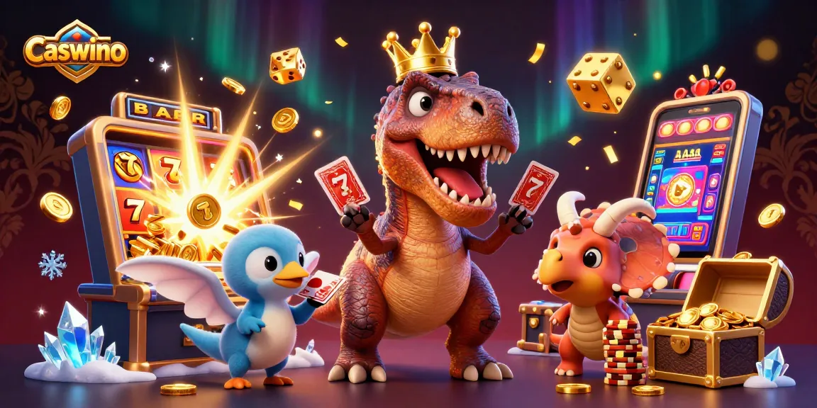 Caswino invites players to enjoy vibrant casino action with a T-Rex, pterodactyl, and triceratops in a rich, animated scene.