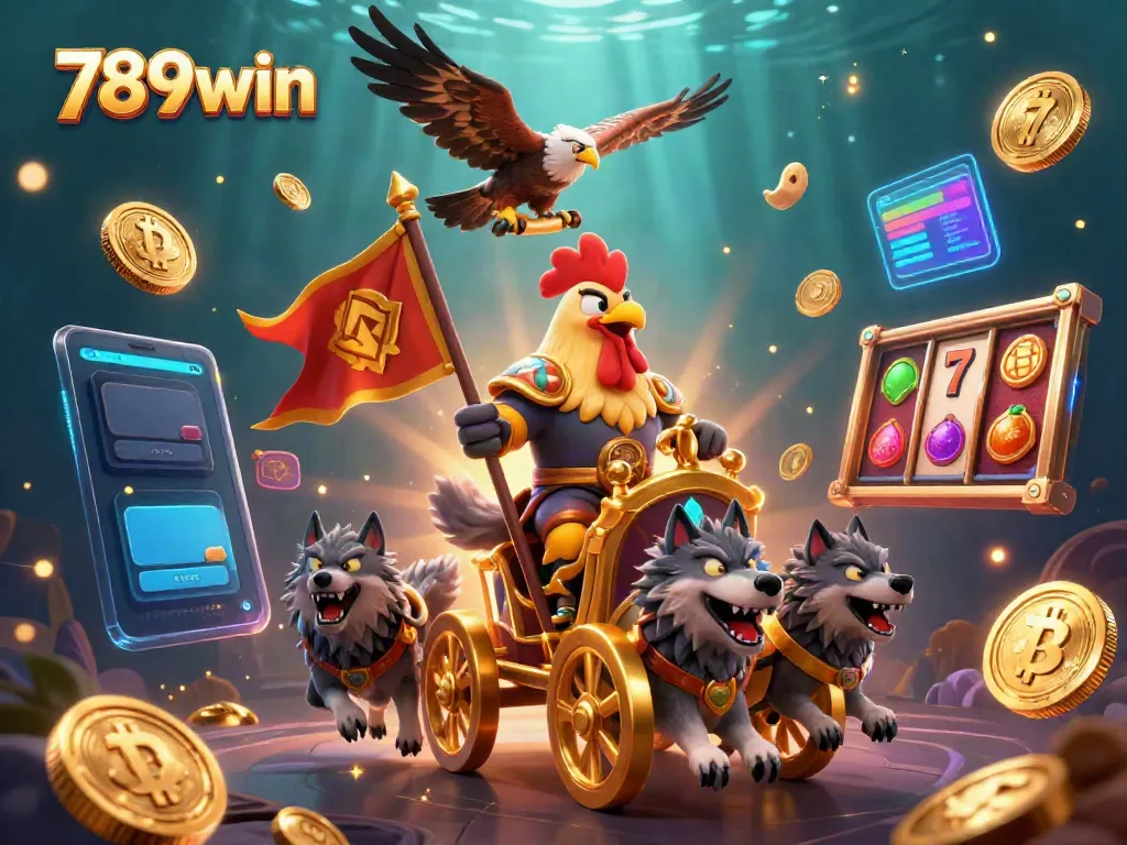 Experience the thrill of 789win with a rooster warlord and crypto elements in vibrant 3D digital art.