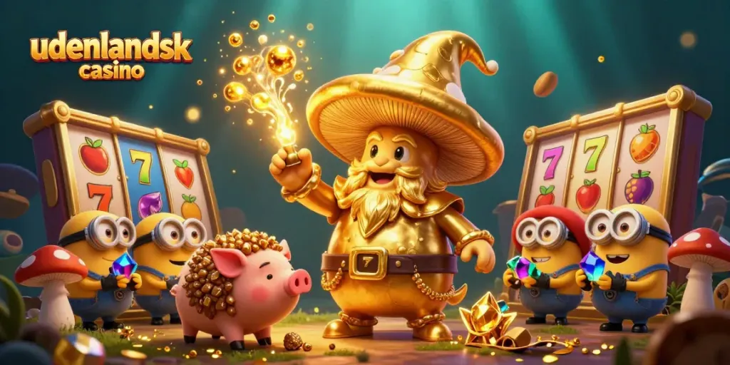 Engage with udenlandsk casino magic in this dynamic 3D illustration of a golden wizard and treasure-hunting elements.