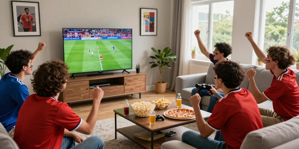 Excited friends gather to watch a football match live; اضغط هنا للمشاهدة for thrills and cheers.