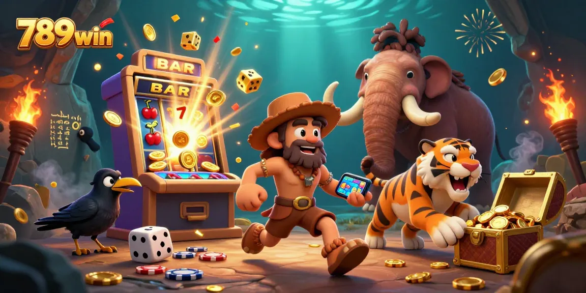 Experience the thrill of casino adventures with 789win, featuring animated caveman and sabertooth duo.