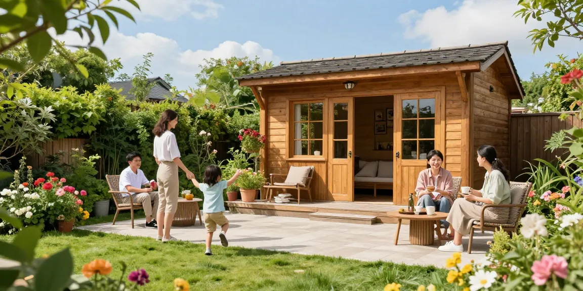 Gartenhaus kaufen: Entspannen im Garten mit einem stilvollen Holzhaus umgeben von bunten Blumen.