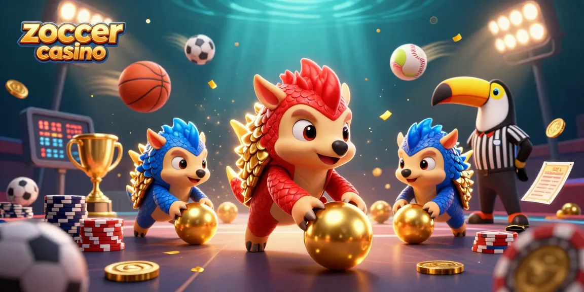 Engage in thrilling gameplay at zoccer casino as colorful pangolins roll golden balls amidst dynamic sports elements.