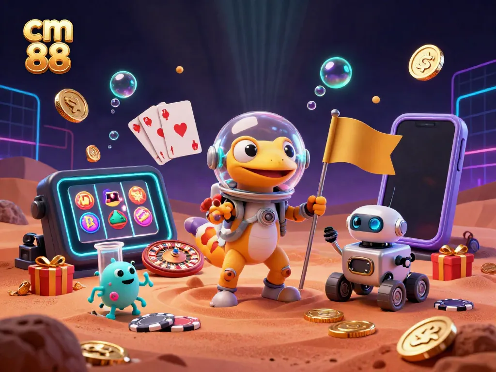 Engage with cm 88 as a Martian gecko uncovers a golden casino amid vibrant slot game elements.