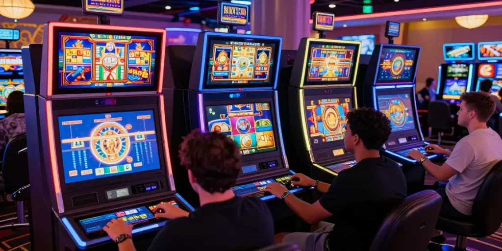 Permainan slot online dengan pemain yang bersemangat dan tampilan mesin slot yang menarik.