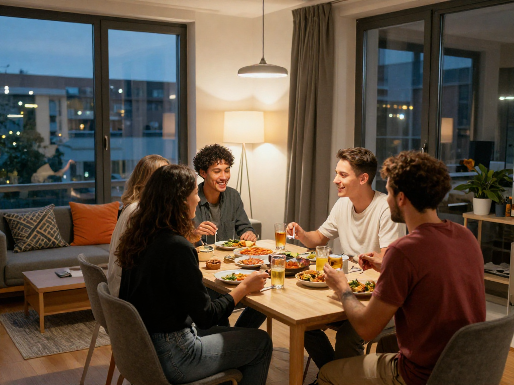 Monteurzimmer mieten Hannover für Gruppen in einem gemütlichen Apartment mit Essen und Stadtblick.