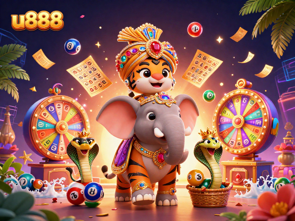 Experience the excitement of u888 as the maharaja tiger and his companions celebrate with vibrant lottery elements.