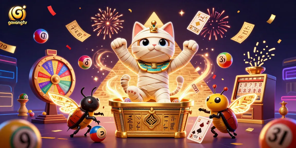 Join the excitement at gavangtv with a high-energy illustration of a mummy cat bursting in a lively casino scene.