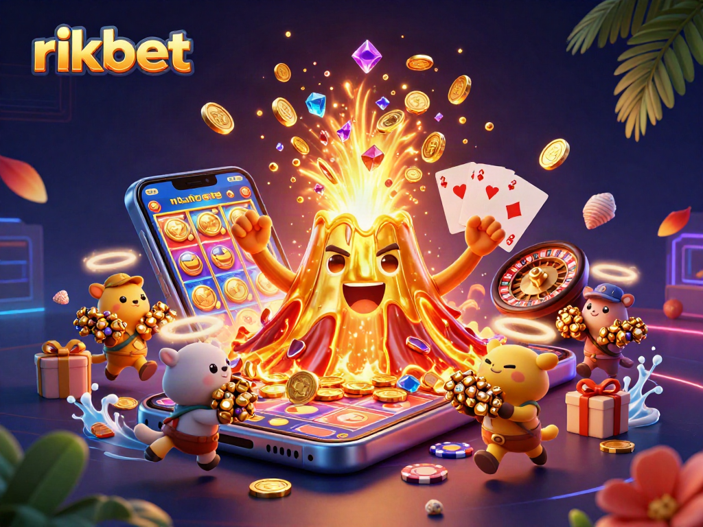 Experience excitement with rikbet's vibrant casino scene featuring a golden volcano erupting treasure.