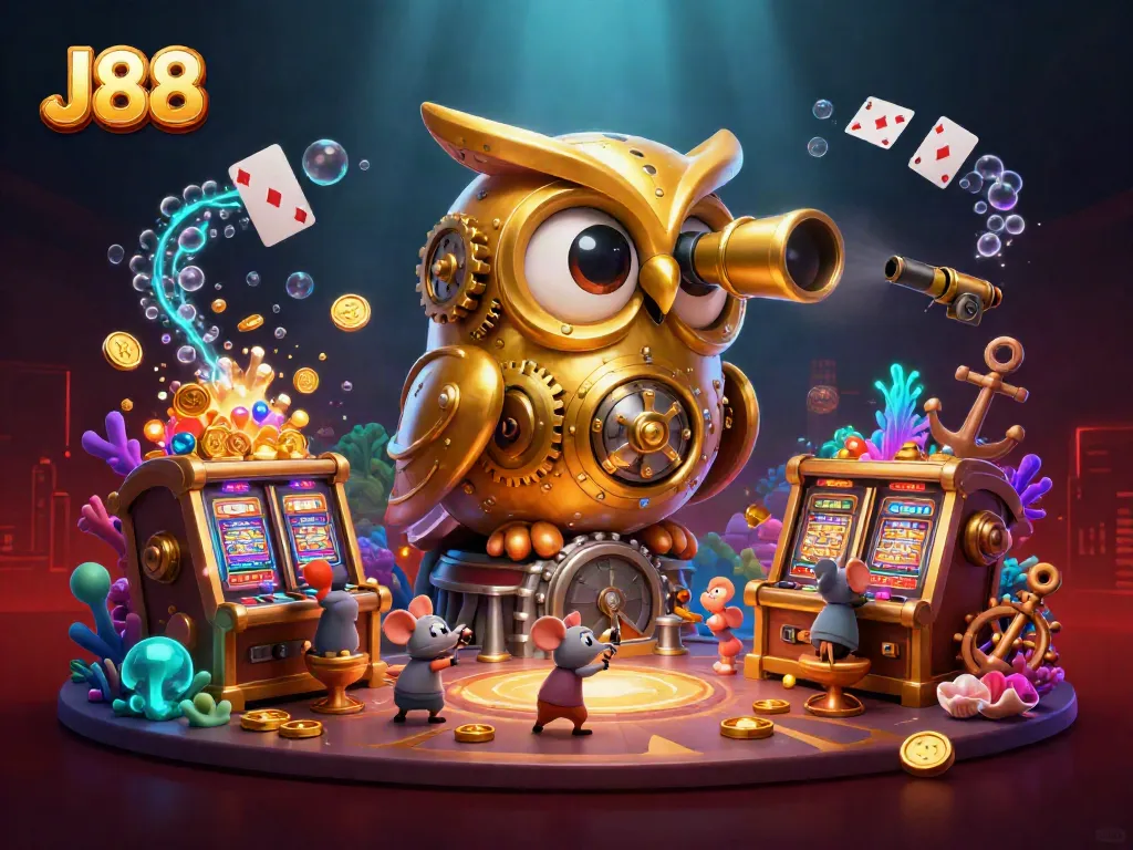 Engage in thrilling gameplay at J88 with a vibrant casino illustration featuring golden owl and mouse patrons.