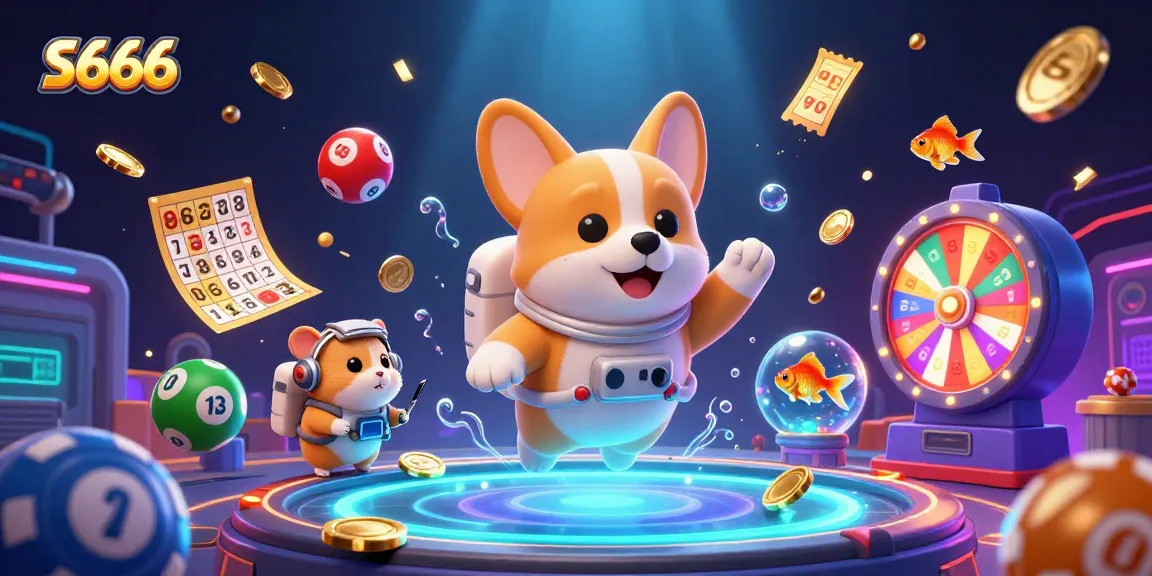 Engage in S666 casino fun with a floating corgi and colorful lottery elements.