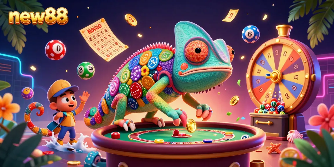 Engage with new88 as the chameleon casino owner captivates with dynamic gaming elements in a vibrant atmosphere.