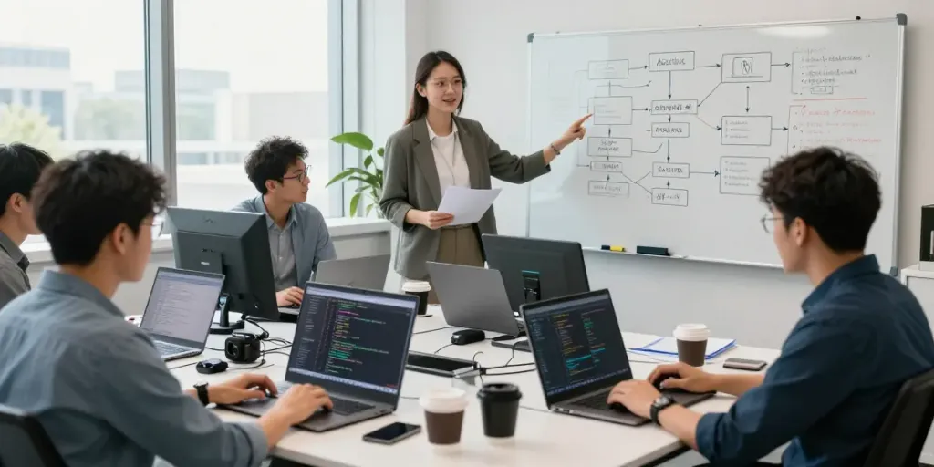 Enterprise AI developers collaborating in a bright office environment.