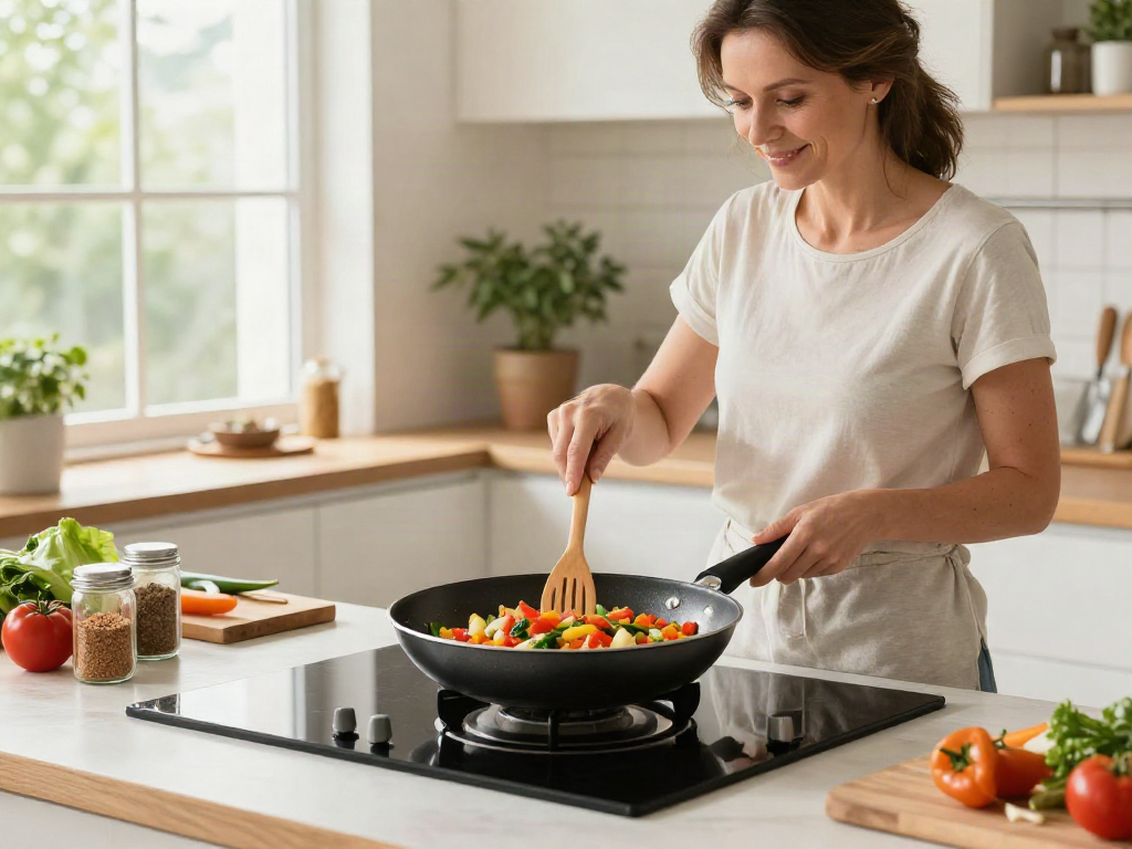 Woman cooking in non-stick cookware, showcasing Non-Stick Cookware price in bangladesh in a bright kitchen setting.