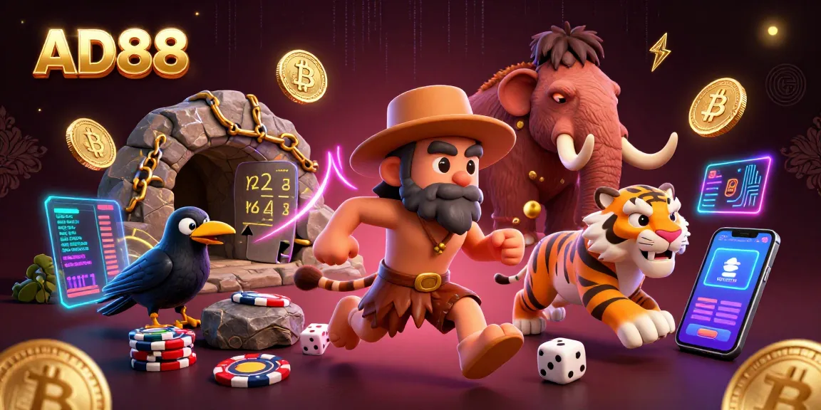 Join the excitement at AD88 with a vibrant prehistoric casino scene featuring unique gaming elements.