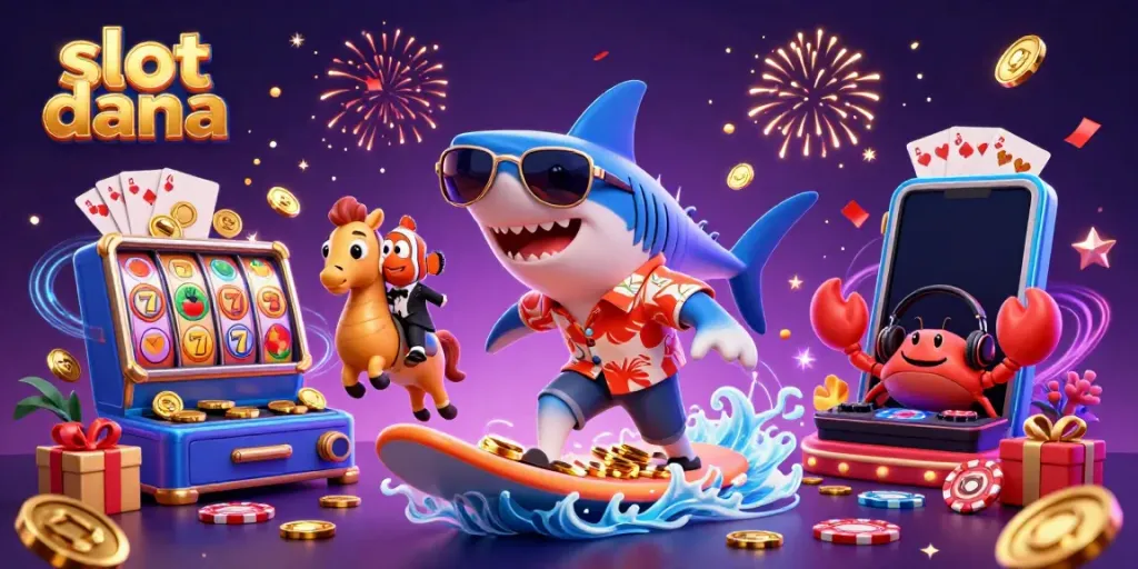 Visualisasi meriah dari slot dana dengan hiu kartun dan elemen perjudian lainnya