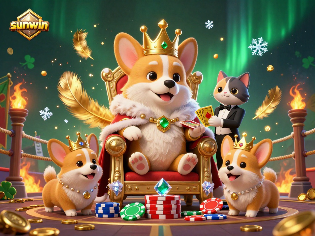 Experience the excitement of sunwin with a grand royal corgi king amidst vibrant casino elements.