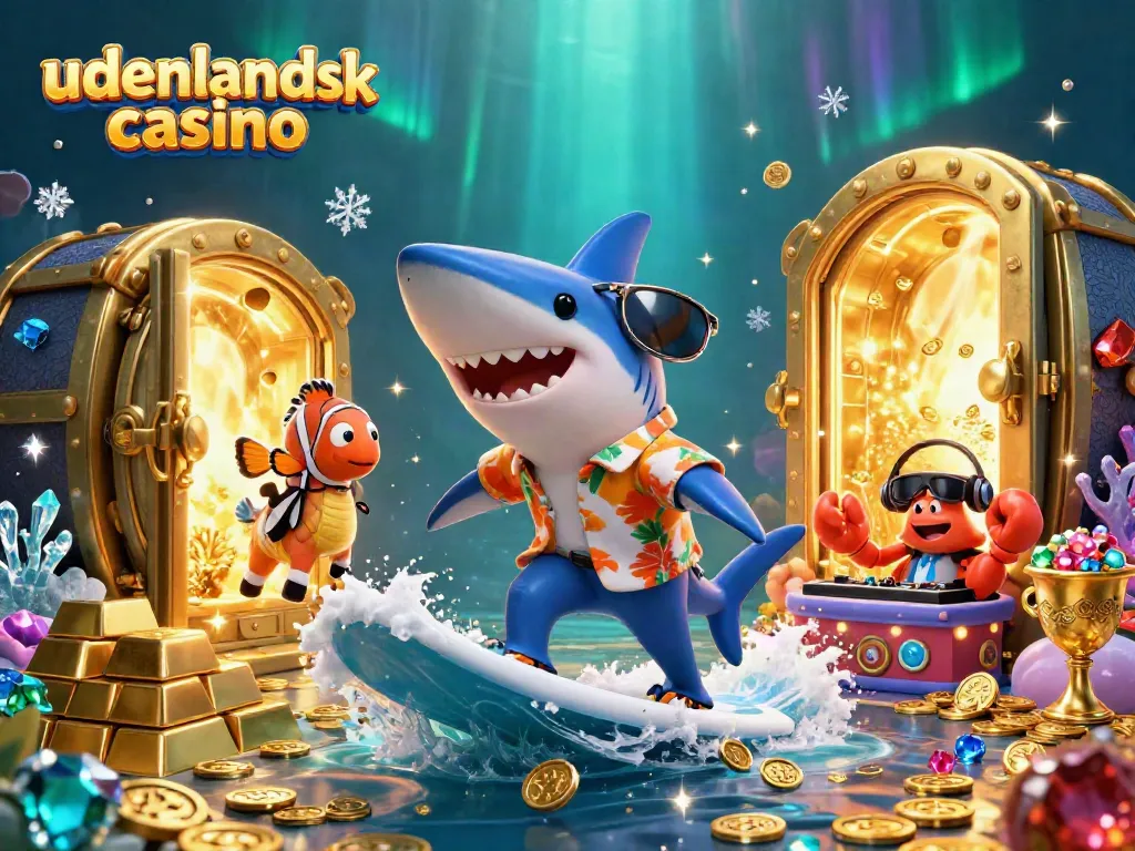 Engage with the magic of udenlandsk casino, showcased by a playful shark and vibrant underwater scene.