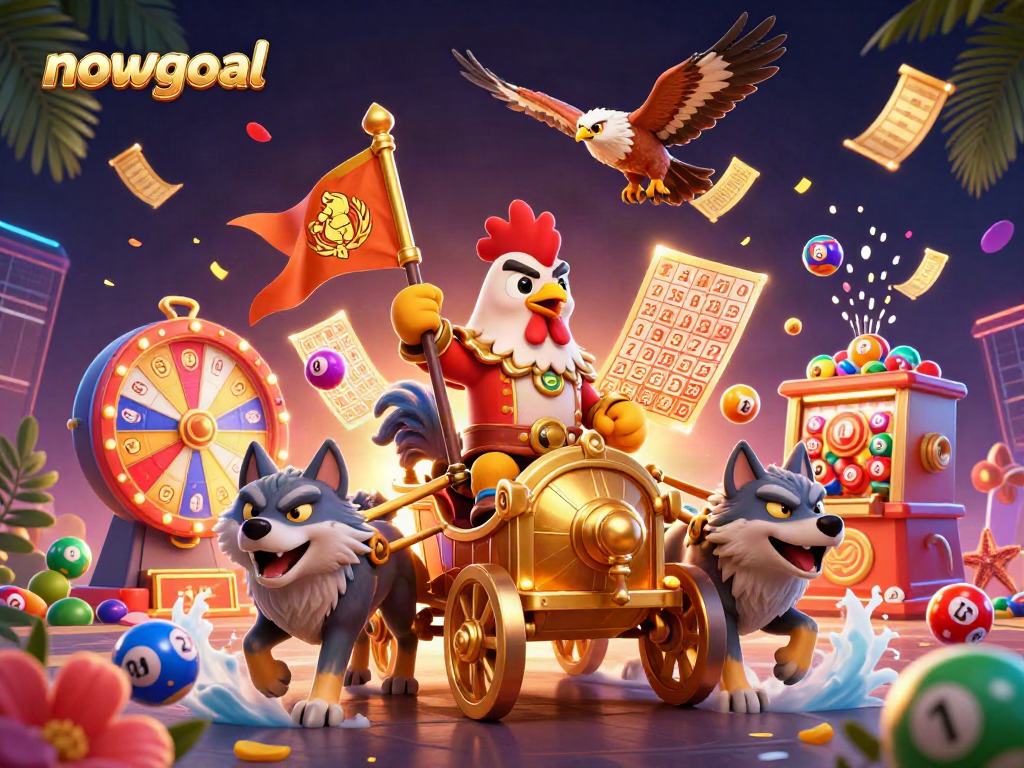 Engage with nowgoal's vibrant lottery scene featuring a rooster warlord amid dynamic game elements.