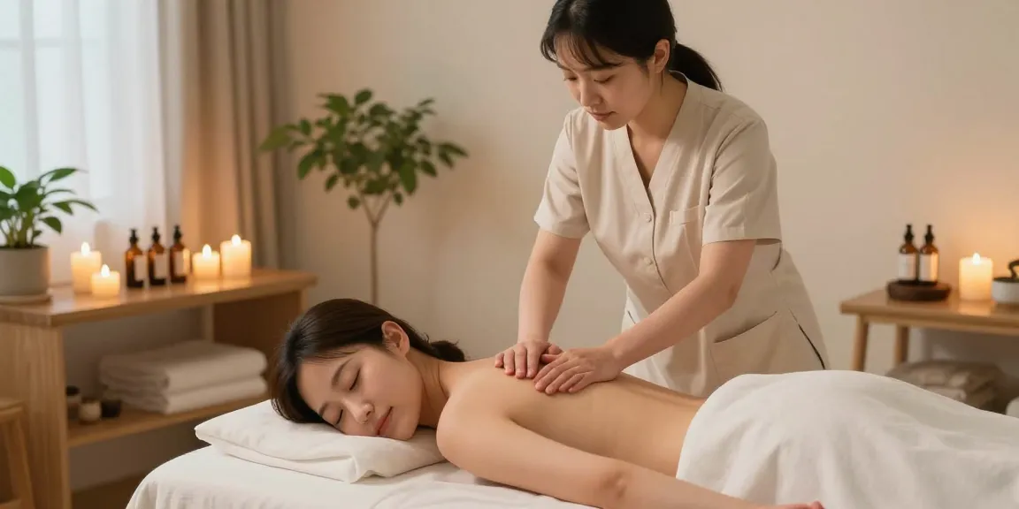 Young woman enjoying a relaxing 광명출장마사지 in a serene home environment with a professional therapist.