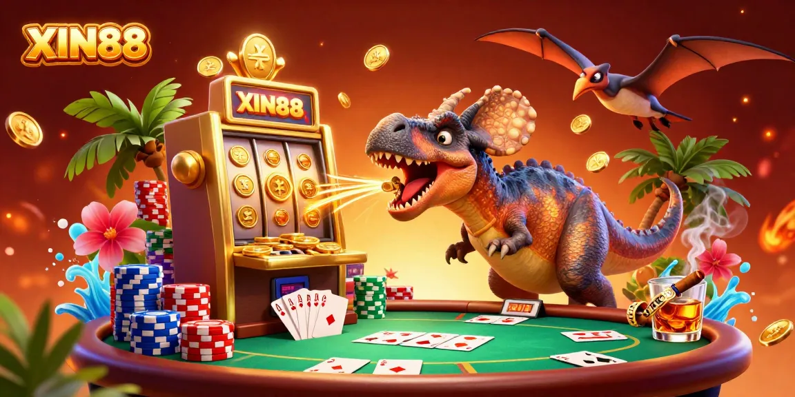 XIN88 sparks excitement in a vivid casino scene with a pachycephalosaurus and jackpot coins.