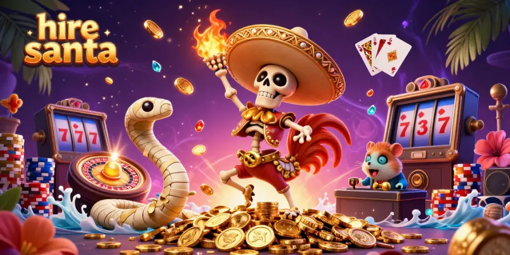 Experience festive fun with hire santa in a vibrant casino-themed illustration featuring dancing characters and gold coins.