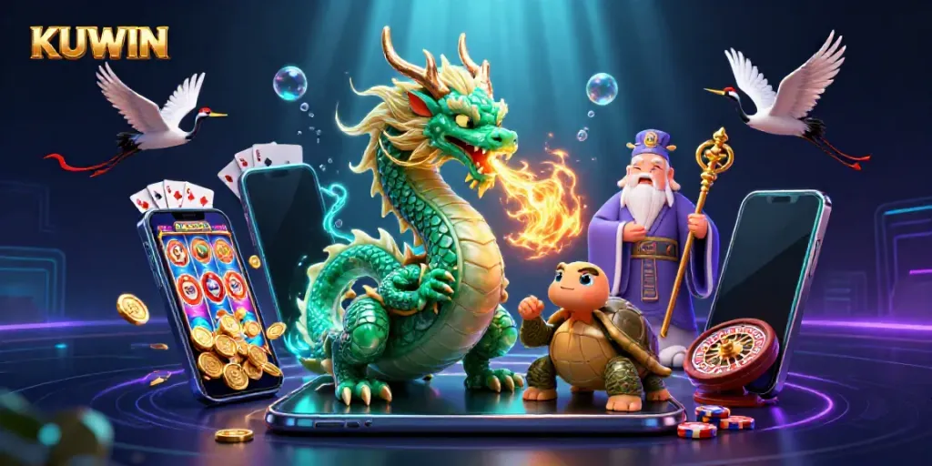 Experience the thrill of gaming with KUWIN's vibrant scene featuring a jade dragon and slot game elements.