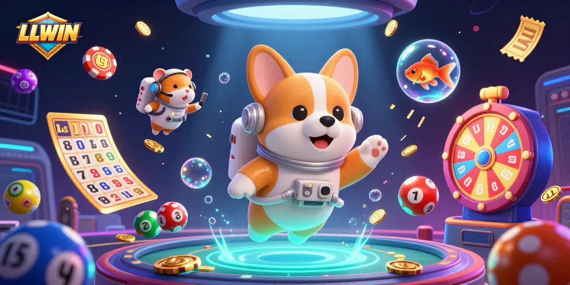Experience the excitement of LLWIN's casino games with a vibrant floating scene of an astronaut corgi.