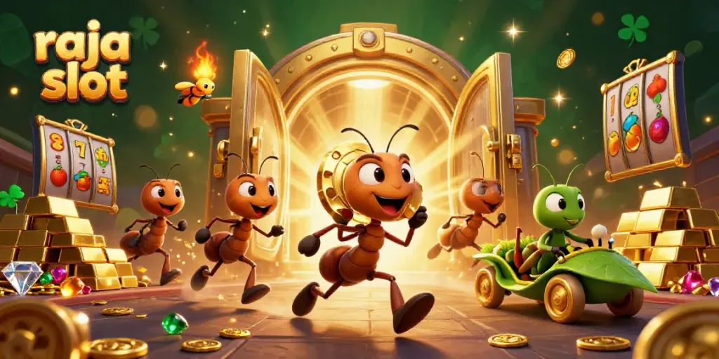 Ant yang beraksi dalam raja slot, mengangkut chip poker emas yang besar di tengah tumpukan harta karun.