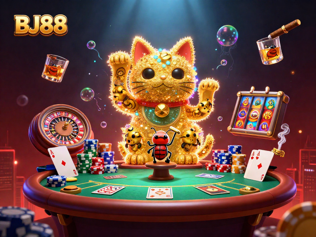 Engage in electrifying gaming at BJ88 with a lively scene of a lucky cat and vibrant casino elements.