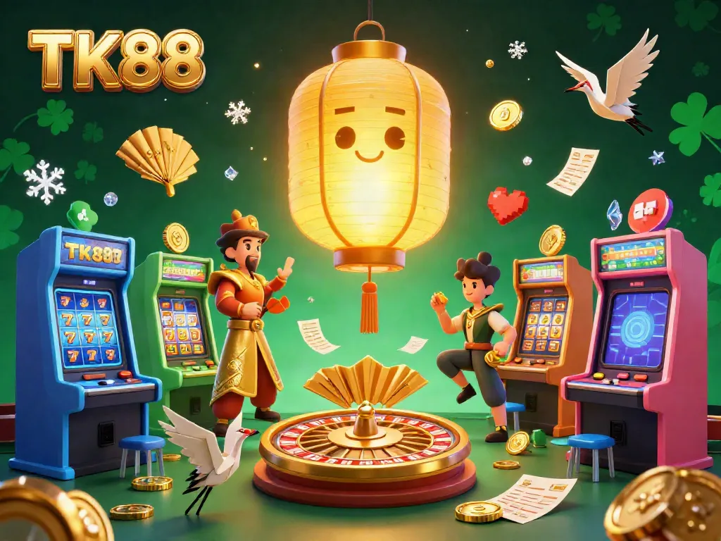 Experience the excitement of TK88 with vibrant slots and golden lanterns in a dynamic casino scene.