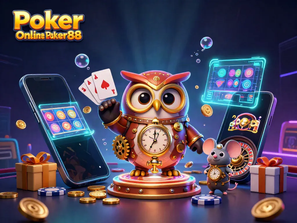 Engage in Poker Online Poker88 with vibrant 3D casino graphics showcasing gameplay elements and characters.