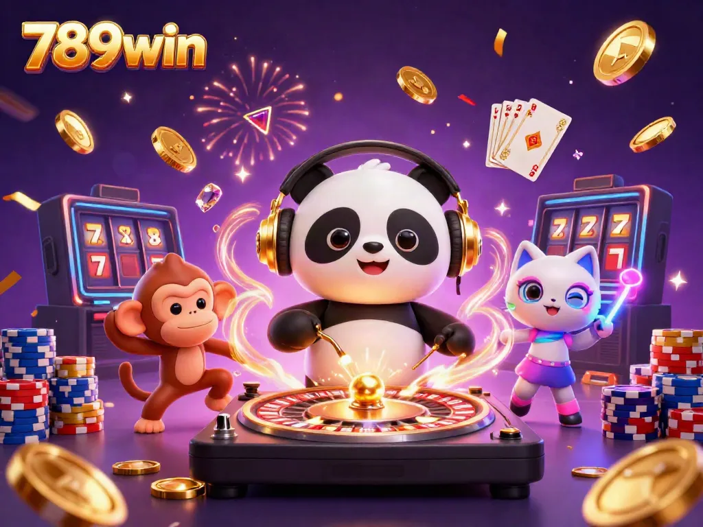 Experience the excitement at 789win with a DJ panda, breakdancing monkey, and rave kitten celebrating casino fun.