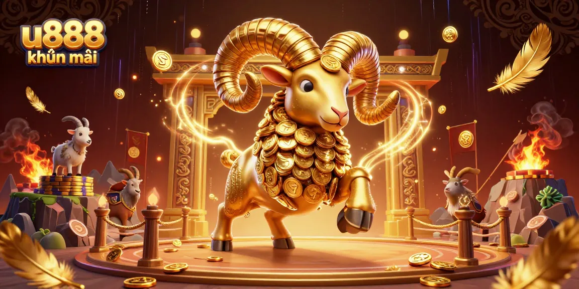 Engage with u888 khuyến mãi through a vibrant 3D casino world showcasing a golden ram among festive elements