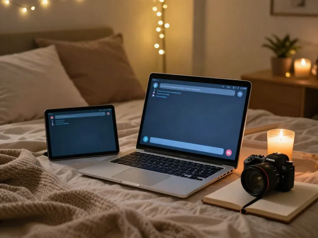 Engaging in a cozy porn chat with an AI companion on a laptop in a warm bedroom.