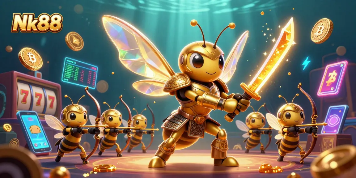 Nk88 offers thrilling gameplay with a giant golden hornet leading a vibrant casino scene filled with dynamic elements.