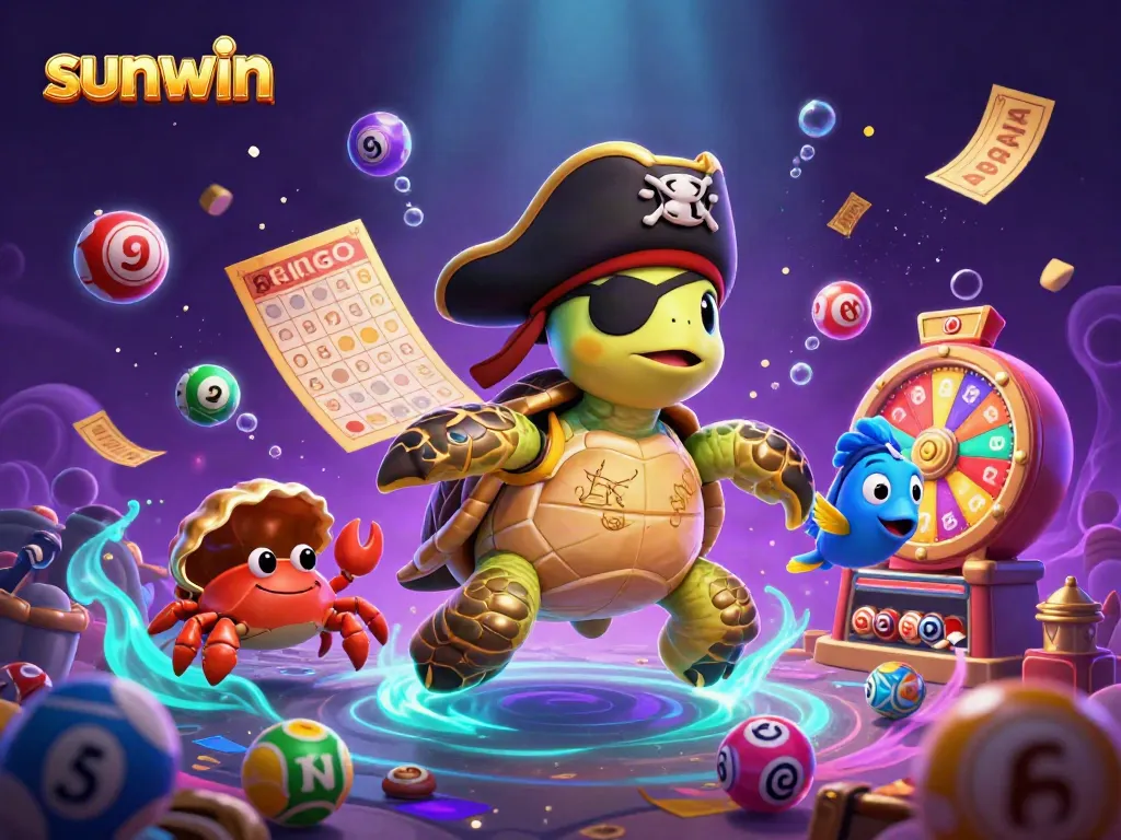 Engage with sunwin gaming through adorable characters amid lively lottery and casino elements.