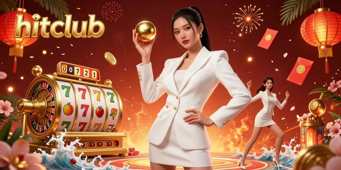 Experience hitclub's thrilling gameplay with a confident woman at a casino, surrounded by dazzling slot reels and jackpots.