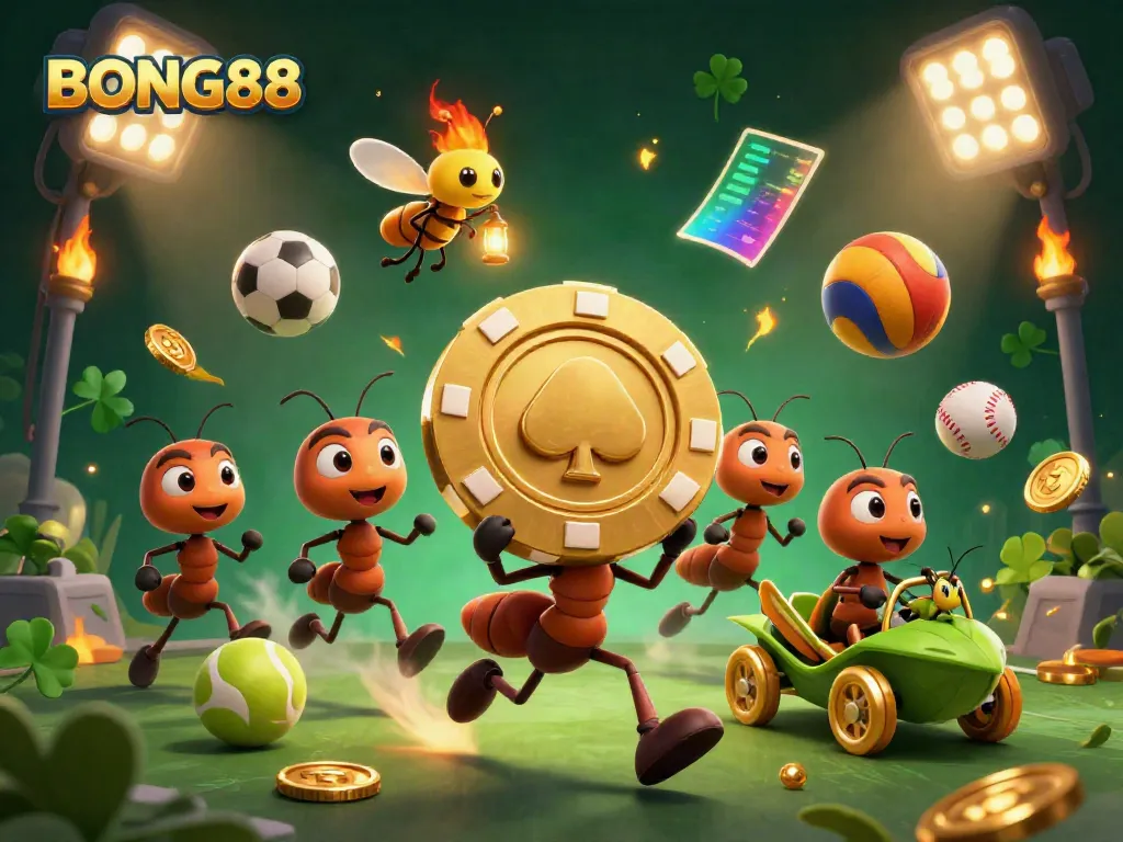 BONG88 casino heist scene with ants carrying a poker chip while surrounded by sports elements.