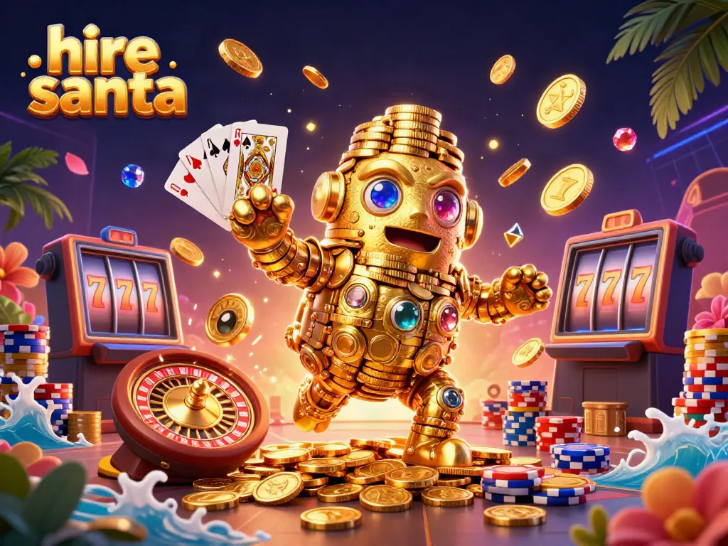 Hire Santa with golden coin golem in a vibrant casino scene full of action and festive elements.